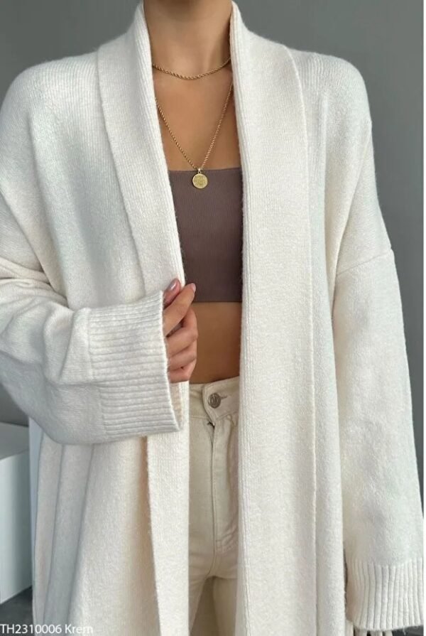 Women Cream Shawl Collar Long Knitwear Cardigan