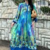 Blue Color Flower Pattern Viscose Dress