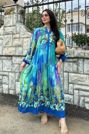Blue Color Flower Pattern Viscose Dress