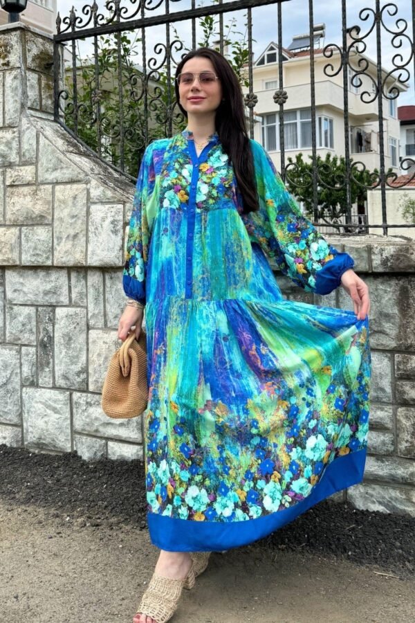 Blue Color Flower Pattern Viscose Dress