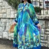 Blue Color Flower Pattern Viscose Dress