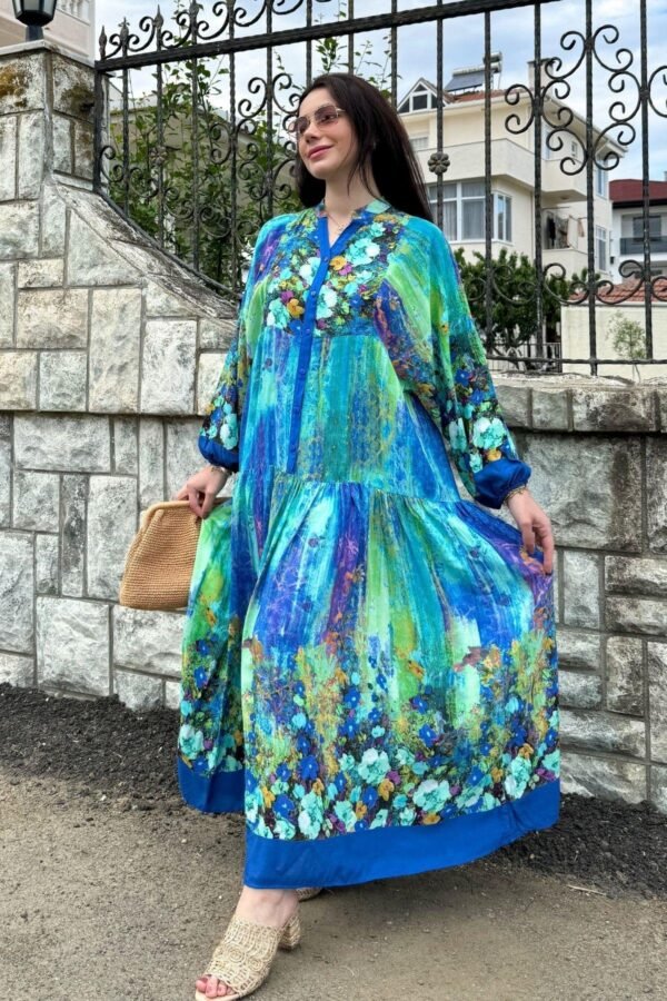 Blue Color Flower Pattern Viscose Dress