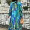 Blue Color Flower Pattern Viscose Dress