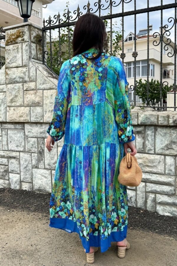 Blue Color Flower Pattern Viscose Dress
