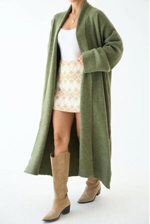 Woman Khaki Shawl Collar Long Knitwear Cardigan