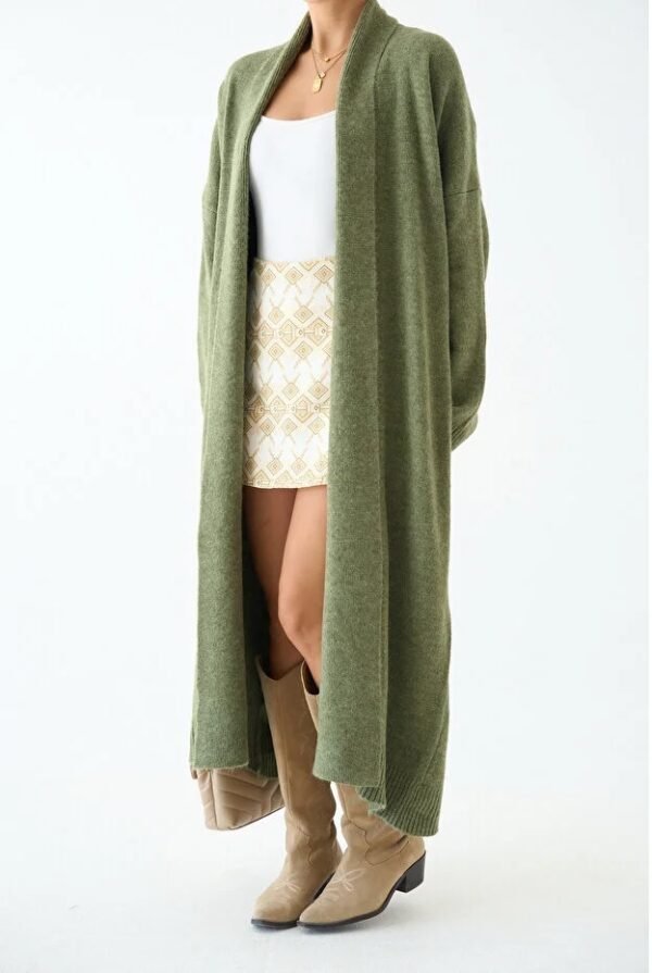 Woman Khaki Shawl Collar Long Knitwear Cardigan