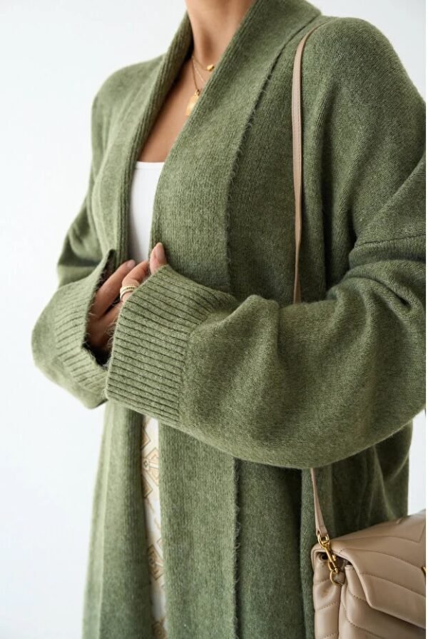 Woman Khaki Shawl Collar Long Knitwear Cardigan