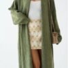 Woman Khaki Shawl Collar Long Knitwear Cardigan