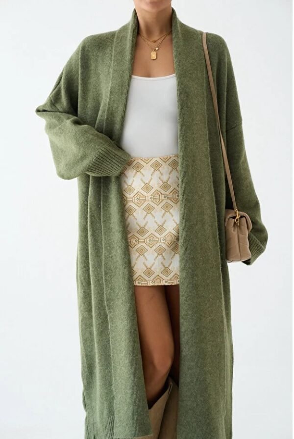 Woman Khaki Shawl Collar Long Knitwear Cardigan