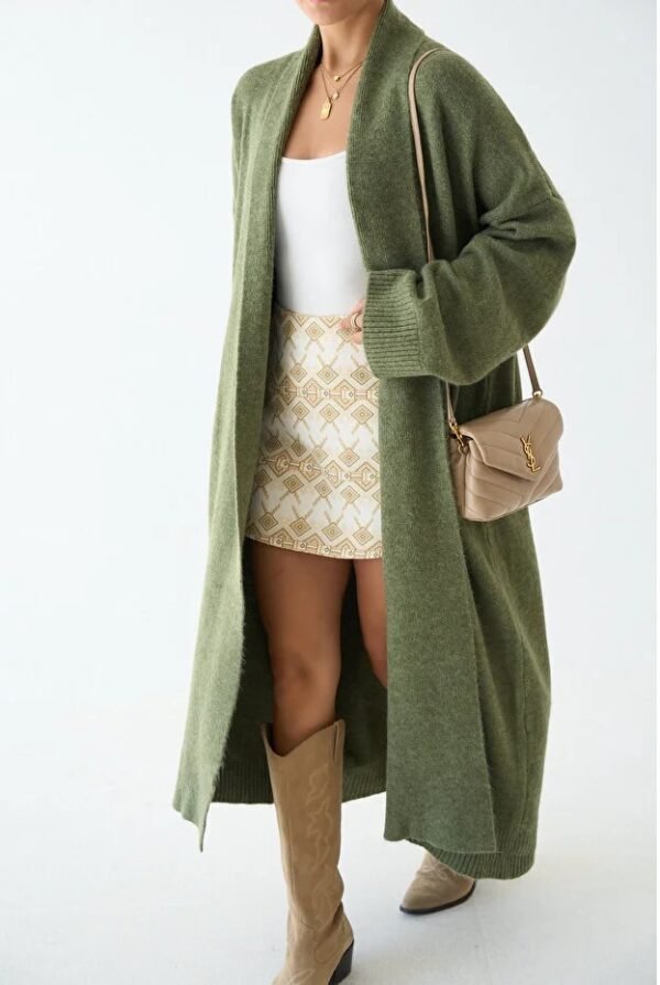 Woman Khaki Shawl Collar Long Knitwear Cardigan