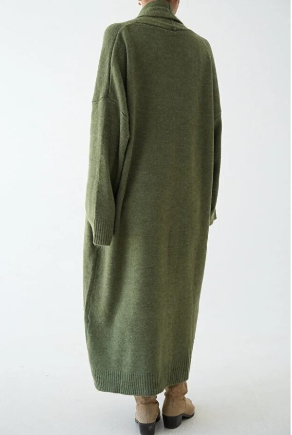 Woman Khaki Shawl Collar Long Knitwear Cardigan