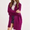 Women Purple Pocket Collar Detail Soft Textured Sweater Cardigan