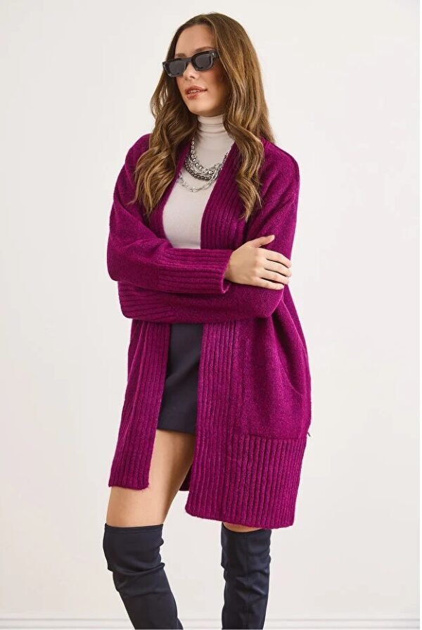 Women Purple Pocket Collar Detail Soft Textured Sweater Cardigan