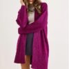 Women Purple Pocket Collar Detail Soft Textured Sweater Cardigan
