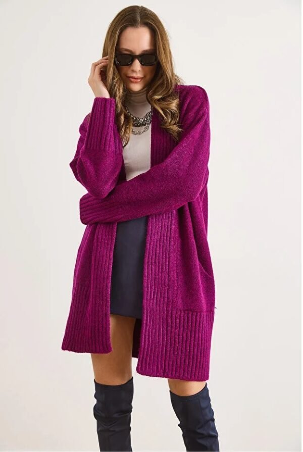 Women Purple Pocket Collar Detail Soft Textured Sweater Cardigan