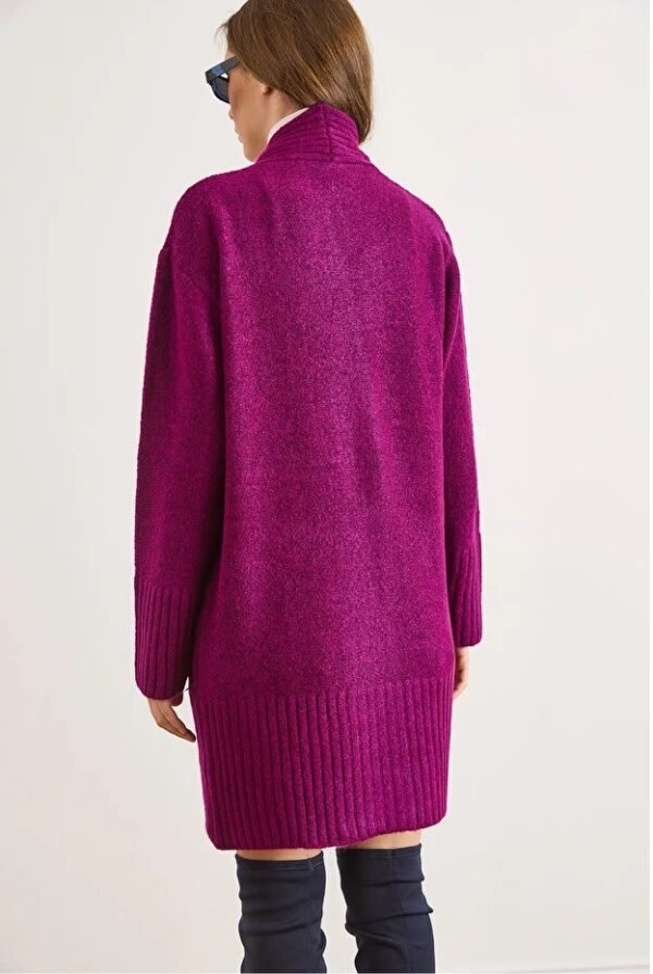 Women Purple Pocket Collar Detail Soft Textured Sweater Cardigan