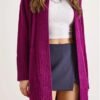 Women Purple Pocket Collar Detail Soft Textured Sweater Cardigan