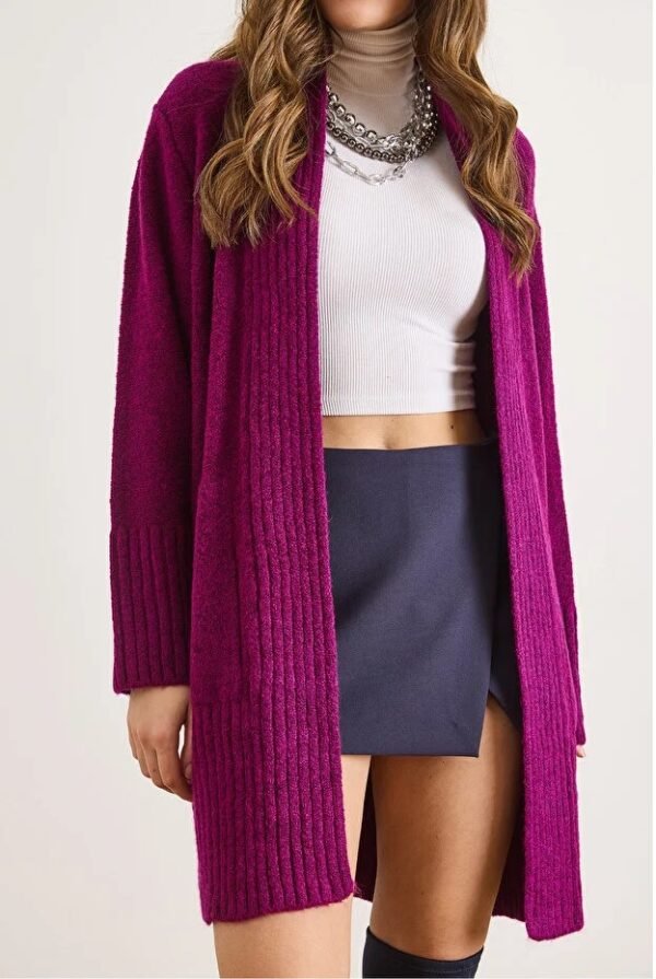 Women Purple Pocket Collar Detail Soft Textured Sweater Cardigan