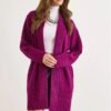 Women Purple Pocket Collar Detail Soft Textured Sweater Cardigan