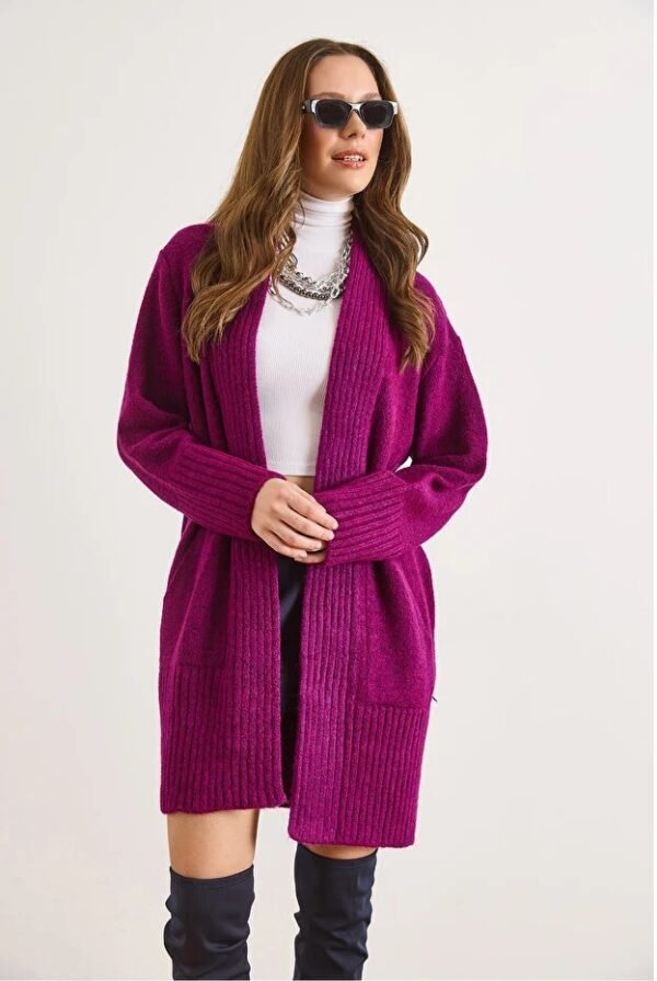 Women Purple Pocket Collar Detail Soft Textured Sweater Cardigan