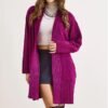Women Purple Pocket Collar Detail Soft Textured Sweater Cardigan
