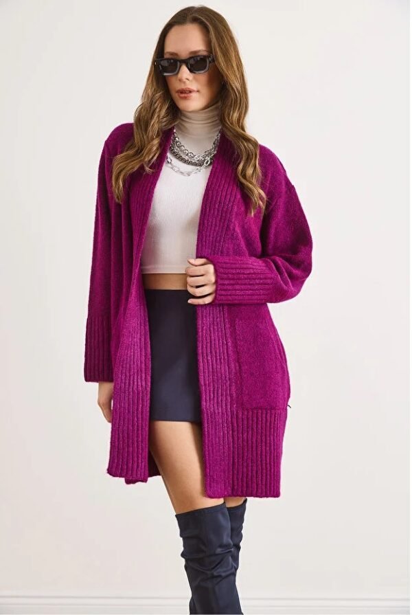 Women Purple Pocket Collar Detail Soft Textured Sweater Cardigan
