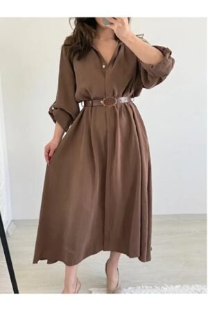 Elegant Long Sleeve Belted Shirt Dress