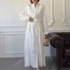 Elegant Ecru Embroidered Maxi Dress with Belt
