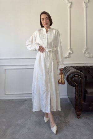 uzun-kol-kusakli-brodeli-elbise-ekru-1-ad2c Elegant Ecru Embroidered Maxi Dress with Belt