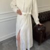 Elegant Ecru Embroidered Maxi Dress with Belt