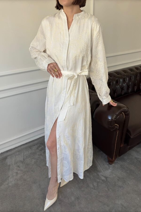 Elegant Ecru Embroidered Maxi Dress with Belt