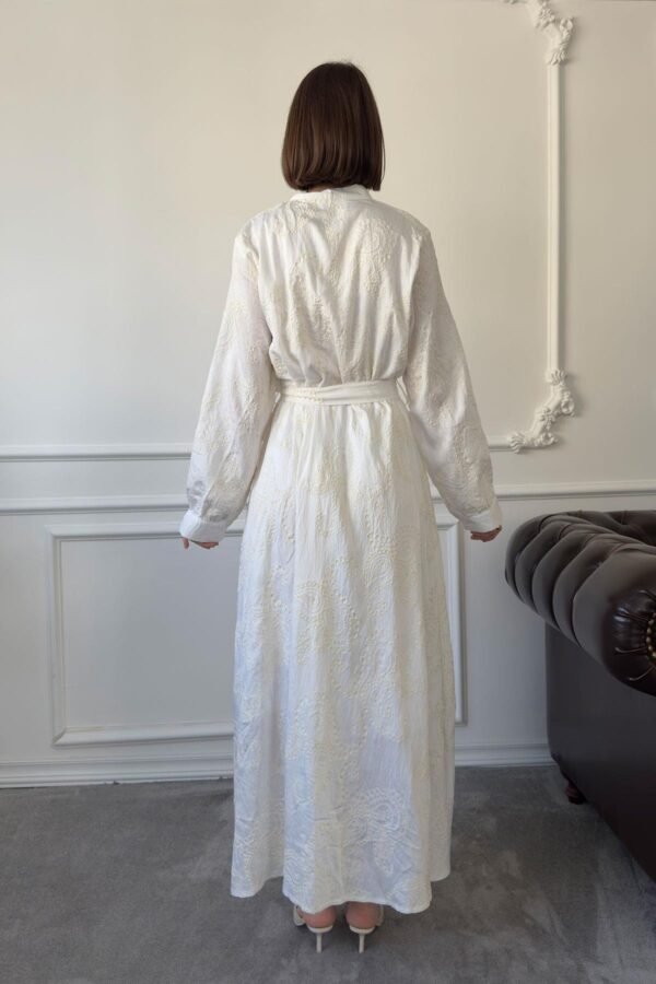 Elegant Ecru Embroidered Maxi Dress with Belt