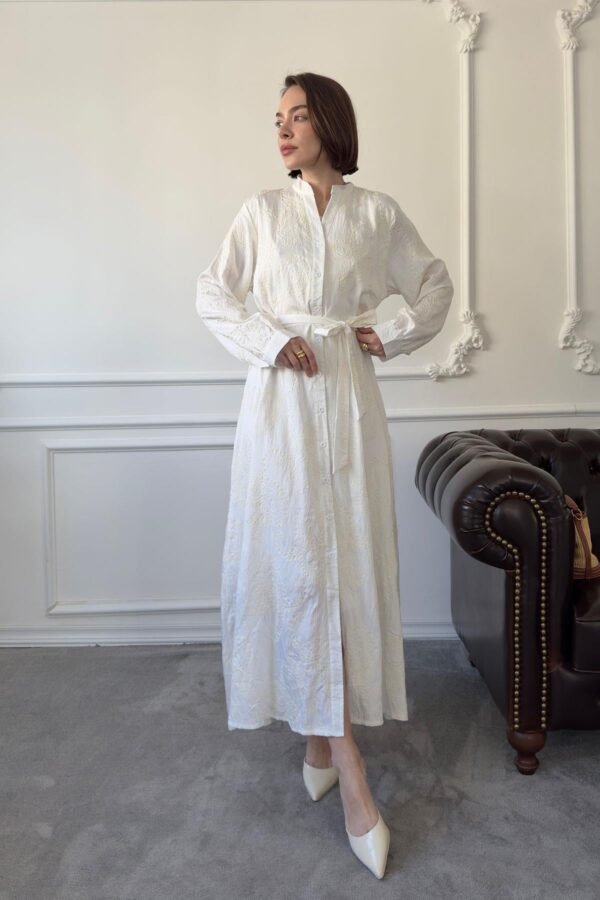 Elegant Ecru Embroidered Maxi Dress with Belt