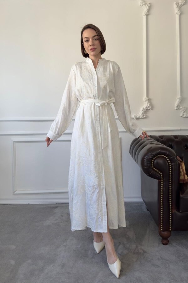 Elegant Ecru Embroidered Maxi Dress with Belt