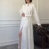 Elegant Ecru Embroidered Maxi Dress with Belt