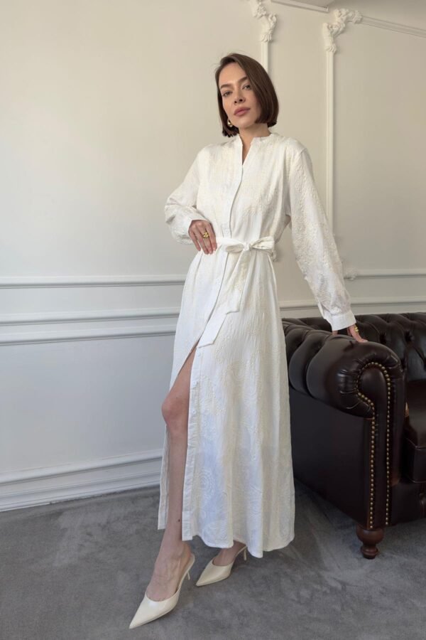 Elegant Ecru Embroidered Maxi Dress with Belt