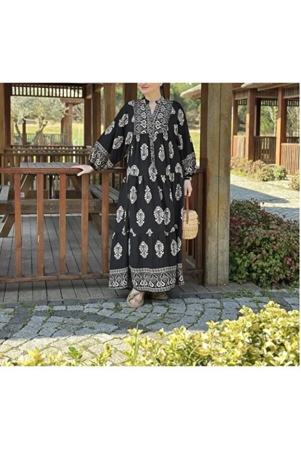 Authentic Patterned Black Viscose Dress