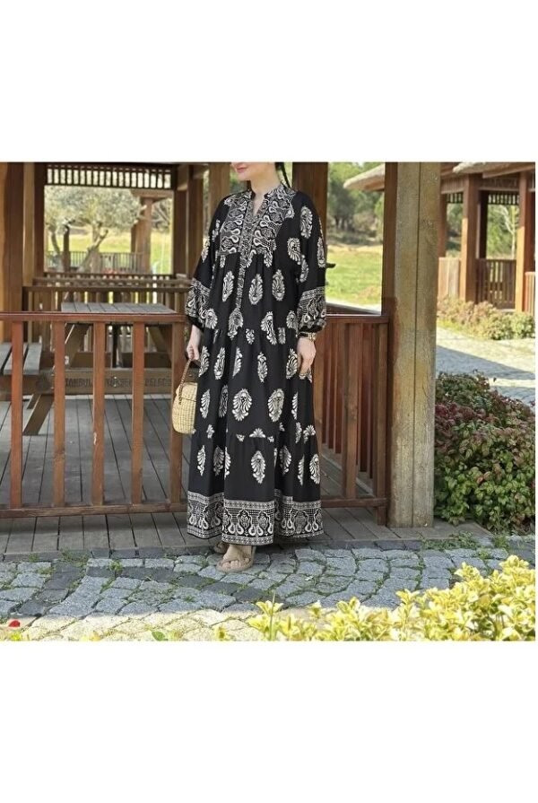 Authentic Patterned Black Viscose Dress