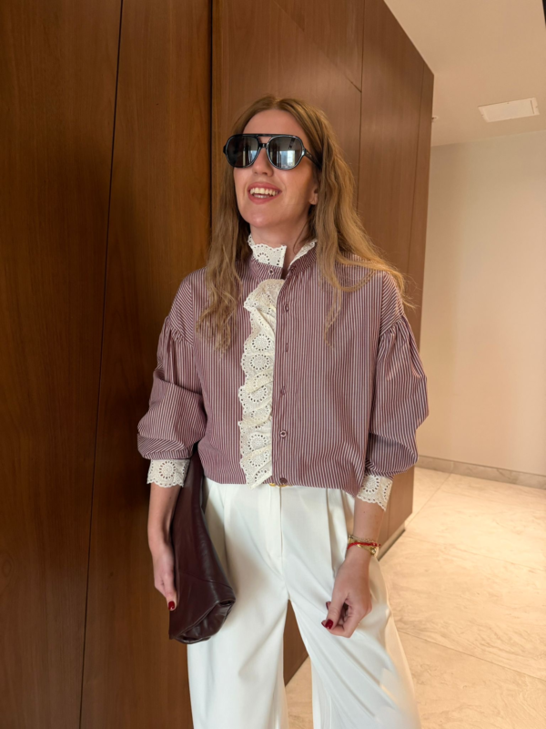 Vintage-Inspired Lace Detailed Striped Shirt