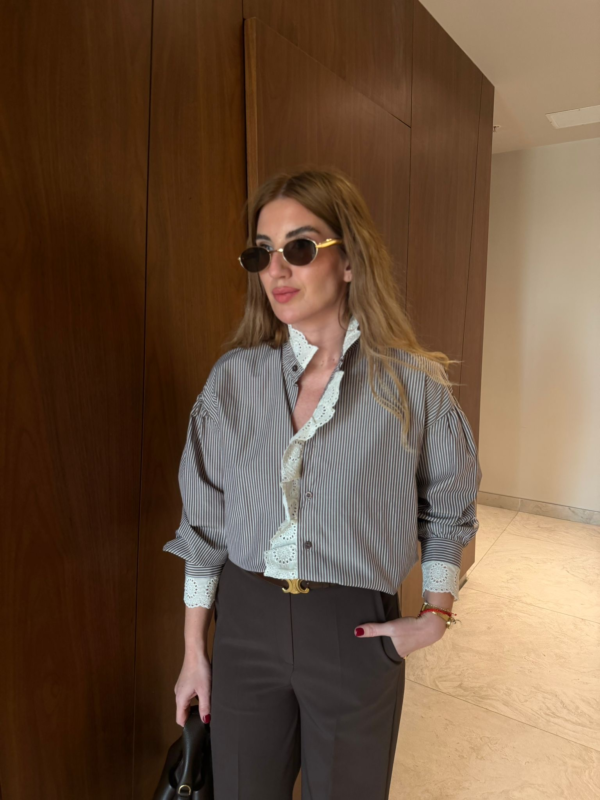 Feminine Lace Detailed Pinstripe Blouse