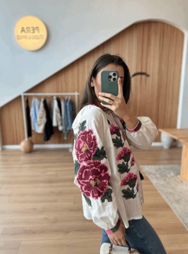 White Shirt with Pink Floral Embroidery