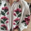 White Shirt with Pink Floral Embroidery