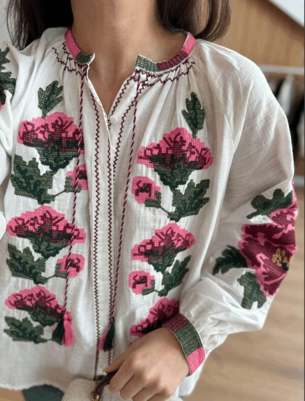 White Shirt with Pink Floral Embroidery