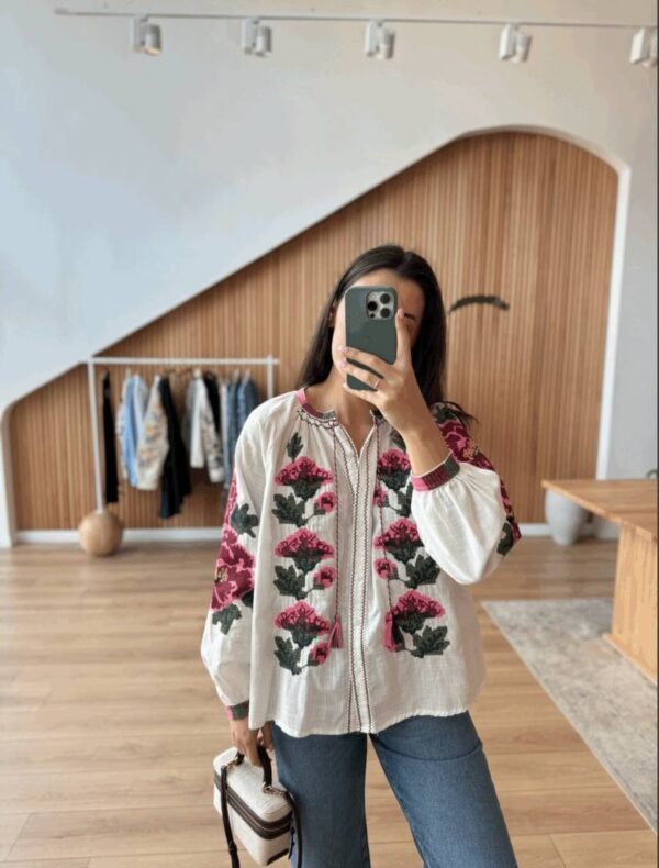 White Shirt with Pink Floral Embroidery