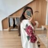 White Shirt with Pink Floral Embroidery