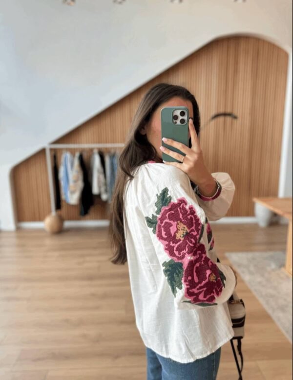 White Shirt with Pink Floral Embroidery