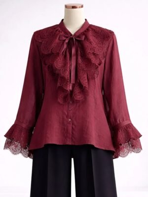 Elegant Wine Red Shirt with Bow