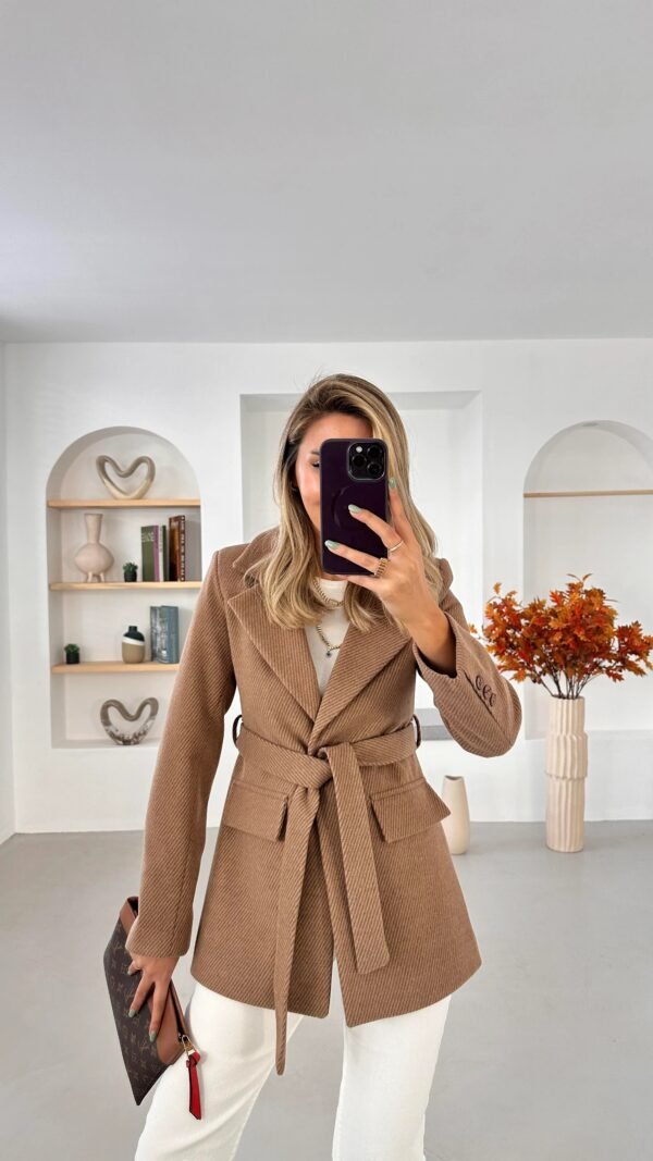 Casual Camel Long Sleeve Tie-Belt Blazer