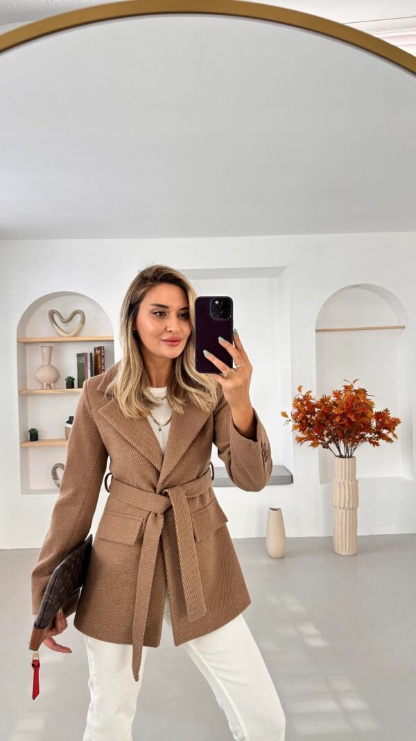 Casual Camel Long Sleeve Tie-Belt Blazer