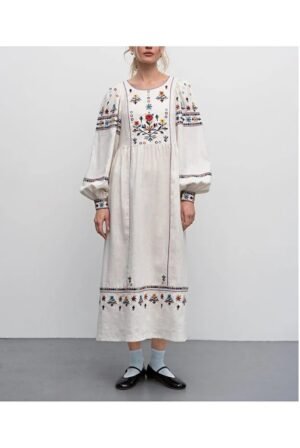 Z Colorful Ethnic Embroidered Linen Dress